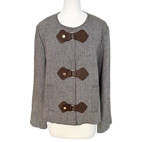 Tory Burch Wool Herringbone Jacket with Leather Strap Closures – Size 12